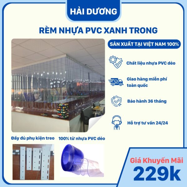 Rèm nhựa PVC xanh trong đầy đủ phụ kiện