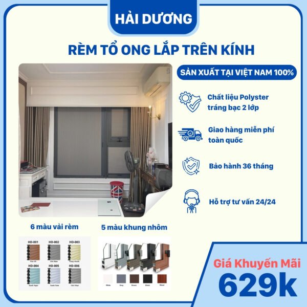 Rèm tổ ong lắp đặt trên kính